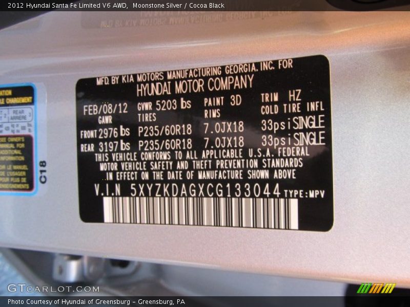 2012 Santa Fe Limited V6 AWD Moonstone Silver Color Code 3D