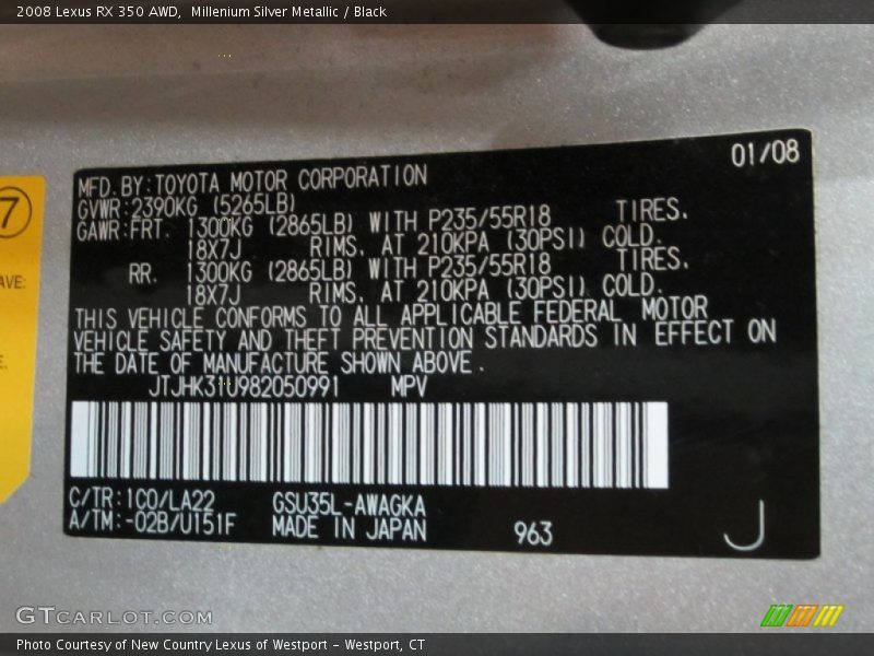 2008 RX 350 AWD Millenium Silver Metallic Color Code 1C0