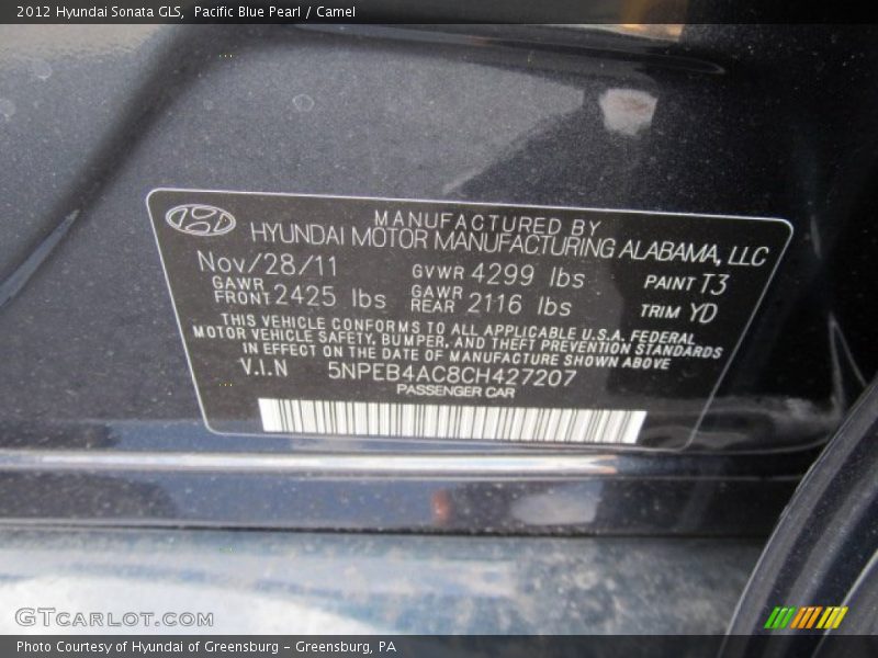 Pacific Blue Pearl / Camel 2012 Hyundai Sonata GLS