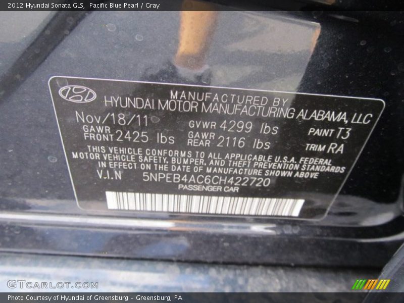 Pacific Blue Pearl / Gray 2012 Hyundai Sonata GLS