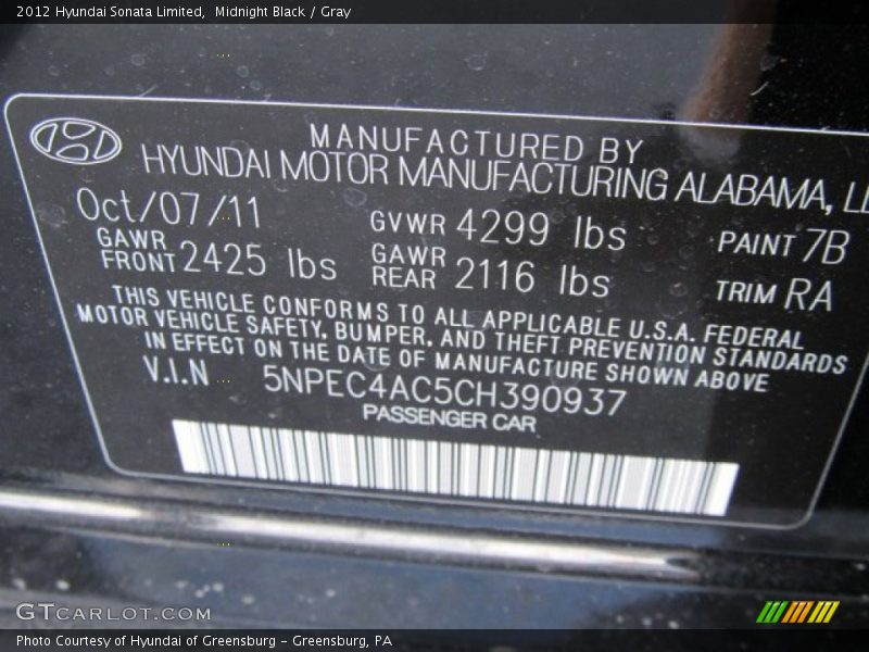 Midnight Black / Gray 2012 Hyundai Sonata Limited