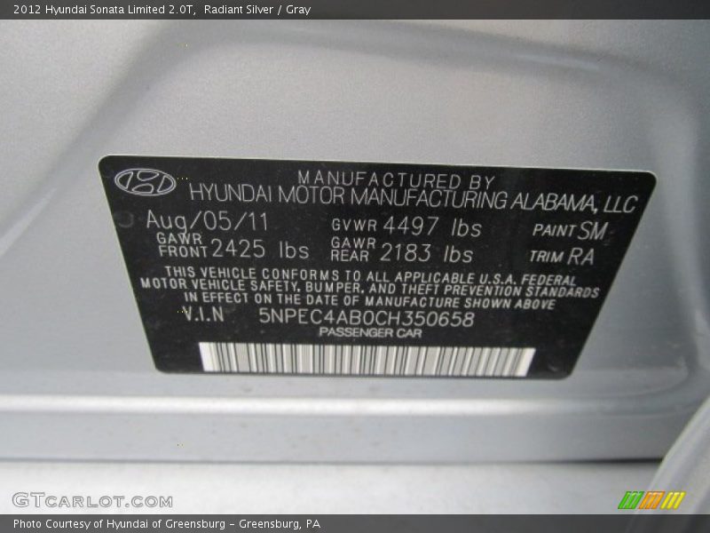 Radiant Silver / Gray 2012 Hyundai Sonata Limited 2.0T