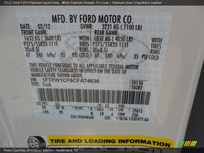 2012 F150 Platinum SuperCrew White Platinum Metallic Tri-Coat Color Code UG