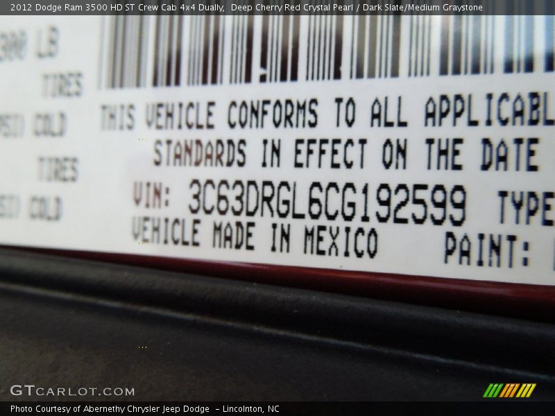 Deep Cherry Red Crystal Pearl / Dark Slate/Medium Graystone 2012 Dodge Ram 3500 HD ST Crew Cab 4x4 Dually