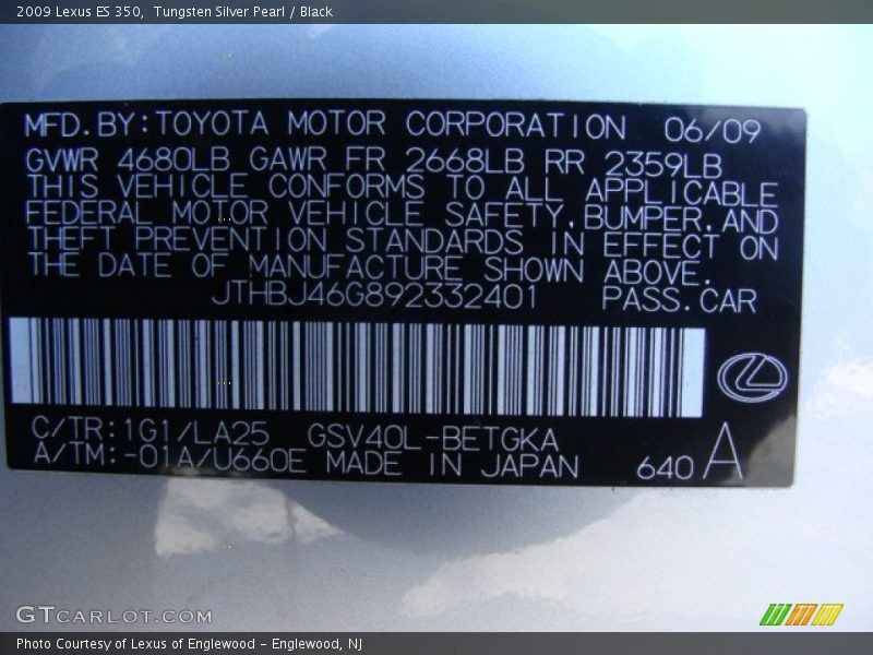 Tungsten Silver Pearl / Black 2009 Lexus ES 350