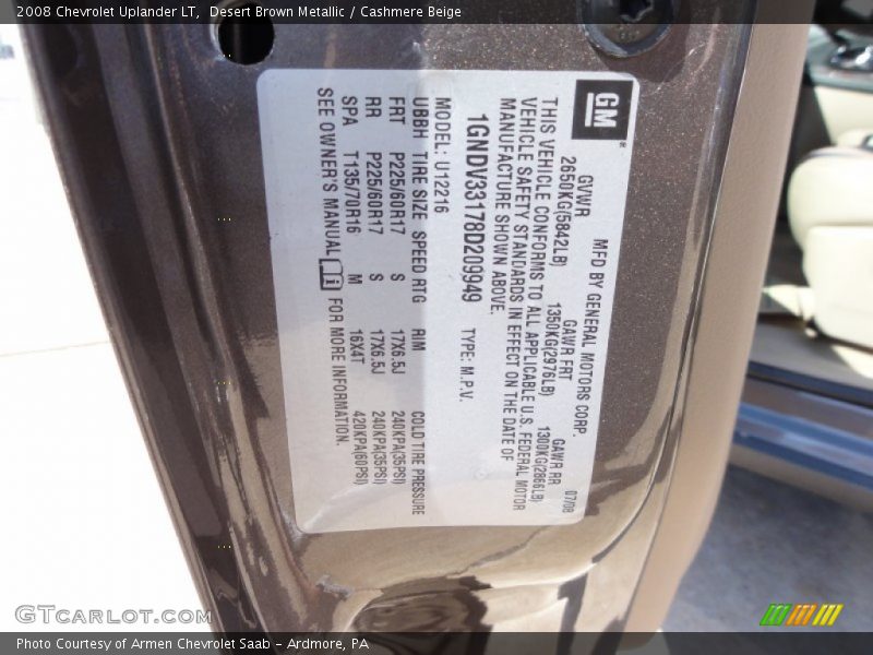 Desert Brown Metallic / Cashmere Beige 2008 Chevrolet Uplander LT