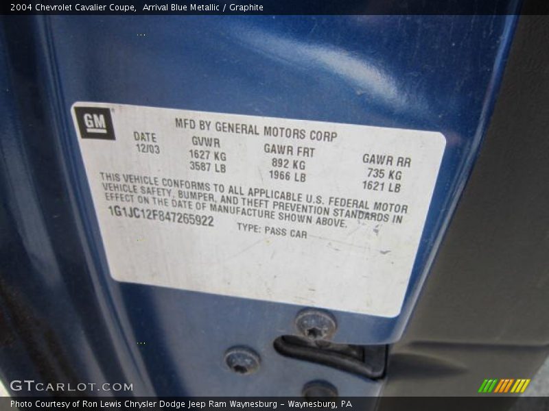 Arrival Blue Metallic / Graphite 2004 Chevrolet Cavalier Coupe