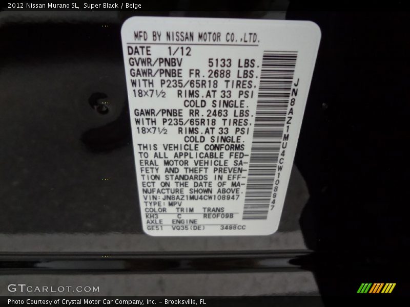 Super Black / Beige 2012 Nissan Murano SL