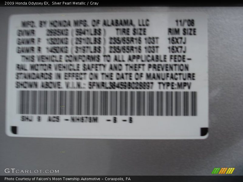 Silver Pearl Metallic / Gray 2009 Honda Odyssey EX