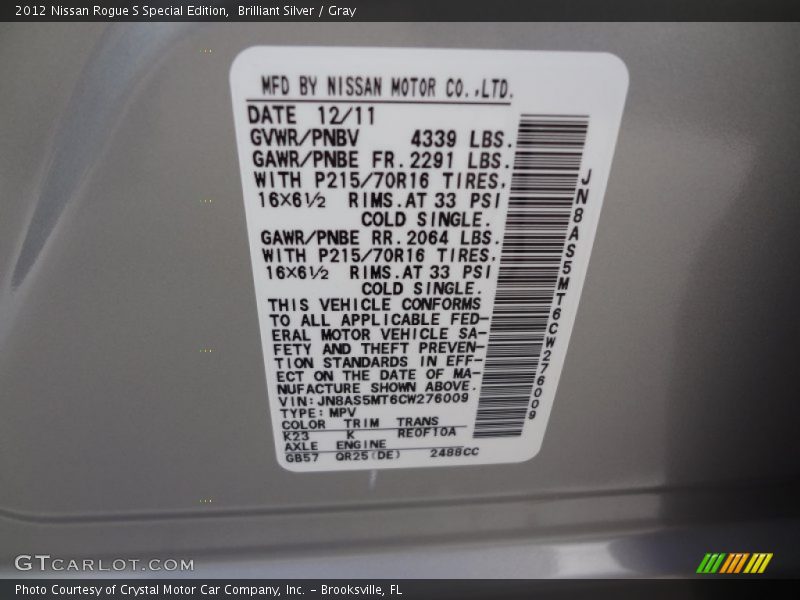 Brilliant Silver / Gray 2012 Nissan Rogue S Special Edition