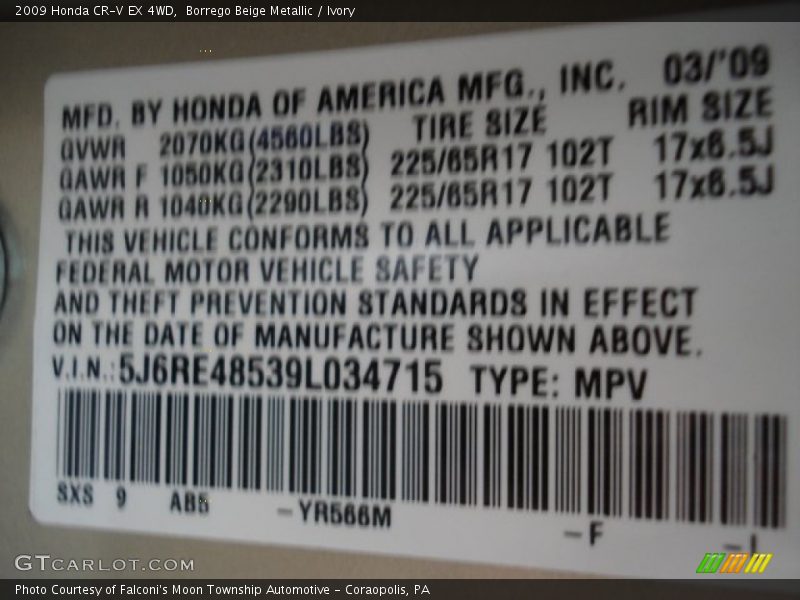 2009 CR-V EX 4WD Borrego Beige Metallic Color Code YR566M