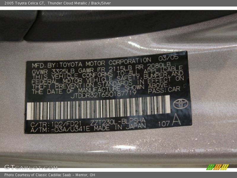 2005 Celica GT Thunder Cloud Metallic Color Code 1D2
