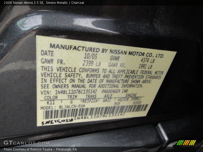 Smoke Metallic / Charcoal 2006 Nissan Altima 3.5 SE