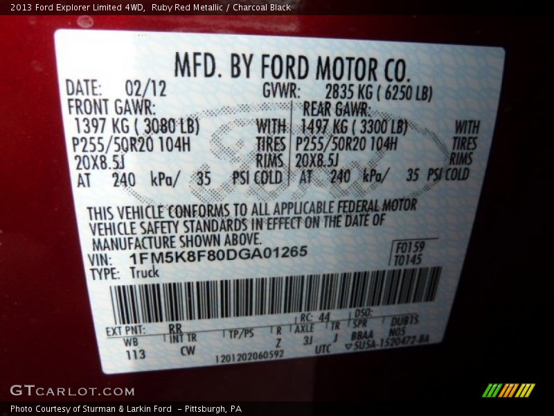 2013 Explorer Limited 4WD Ruby Red Metallic Color Code RR
