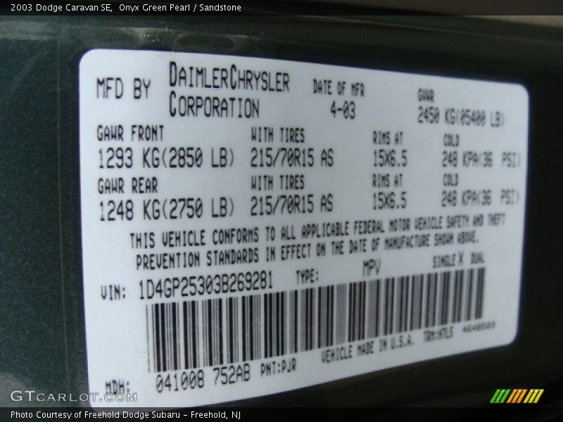 2003 Caravan SE Onyx Green Pearl Color Code PJR