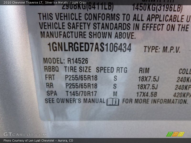 Silver Ice Metallic / Light Gray 2010 Chevrolet Traverse LT