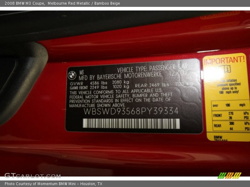 Info Tag of 2008 M3 Coupe