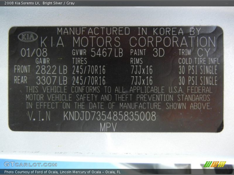 Bright Silver / Gray 2008 Kia Sorento LX