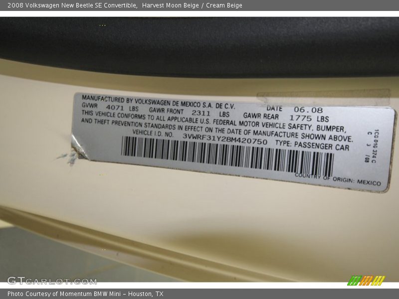 Harvest Moon Beige / Cream Beige 2008 Volkswagen New Beetle SE Convertible