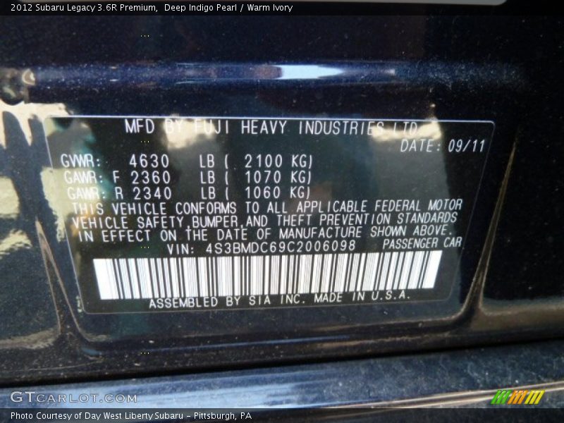 Deep Indigo Pearl / Warm Ivory 2012 Subaru Legacy 3.6R Premium