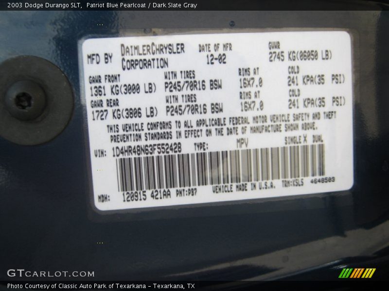 2003 Durango SLT Patriot Blue Pearlcoat Color Code PB7