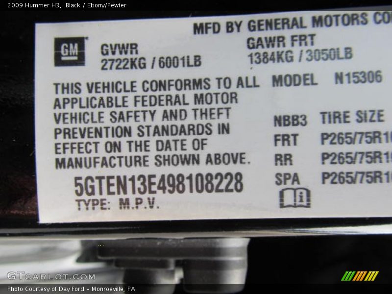 Black / Ebony/Pewter 2009 Hummer H3