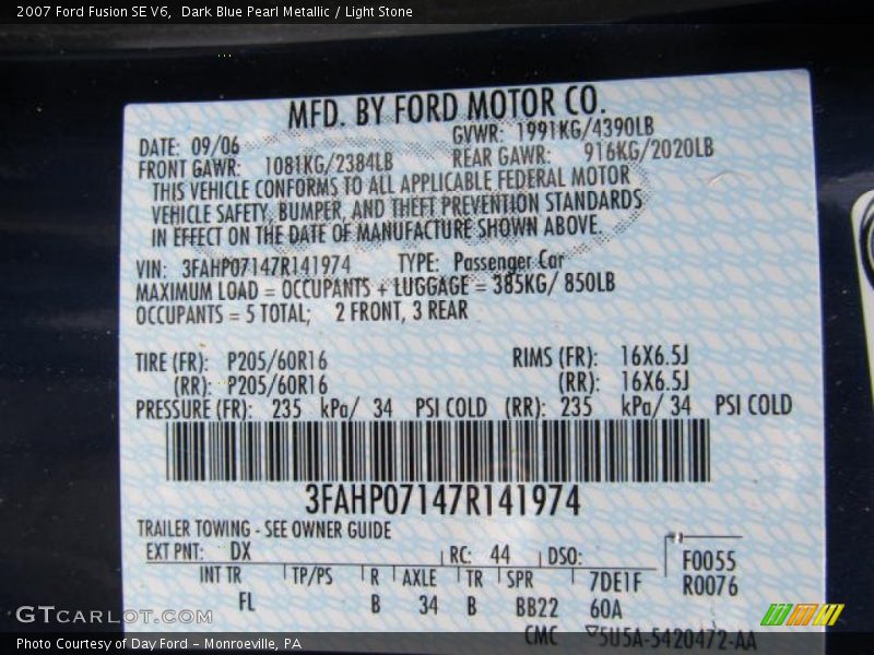 2007 Fusion SE V6 Dark Blue Pearl Metallic Color Code DX
