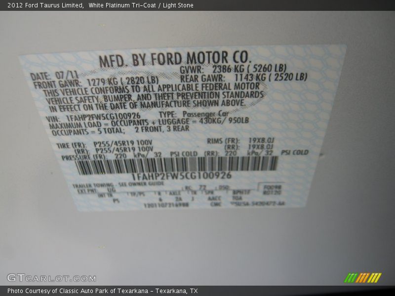 White Platinum Tri-Coat / Light Stone 2012 Ford Taurus Limited