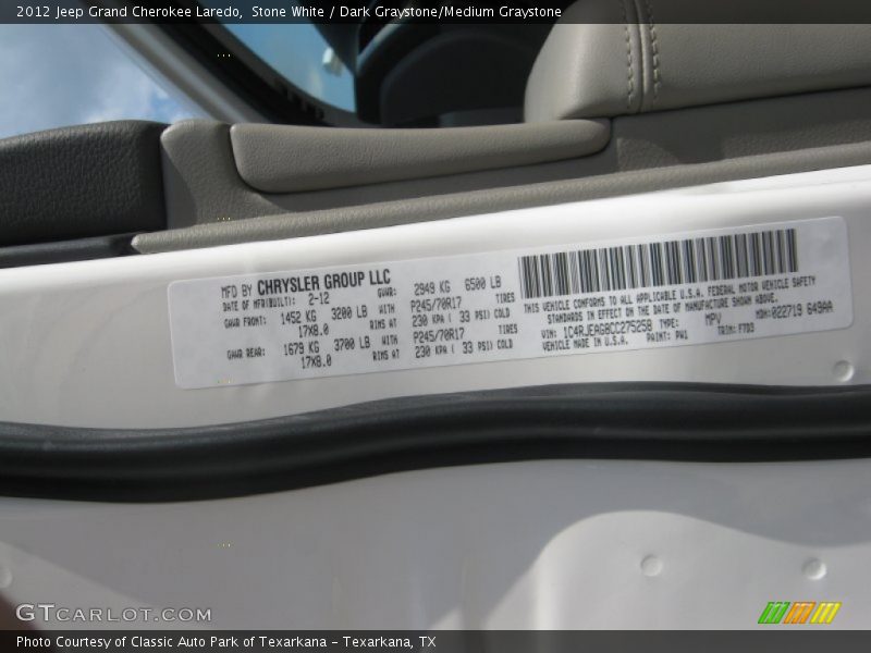 Stone White / Dark Graystone/Medium Graystone 2012 Jeep Grand Cherokee Laredo