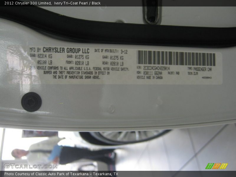 2012 300 Limited Ivory Tri-Coat Pearl Color Code PWD