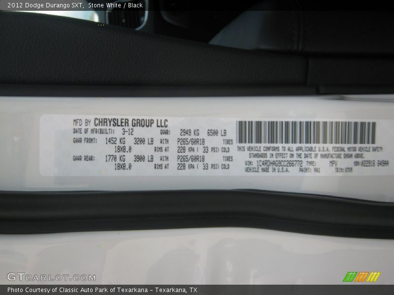 Stone White / Black 2012 Dodge Durango SXT