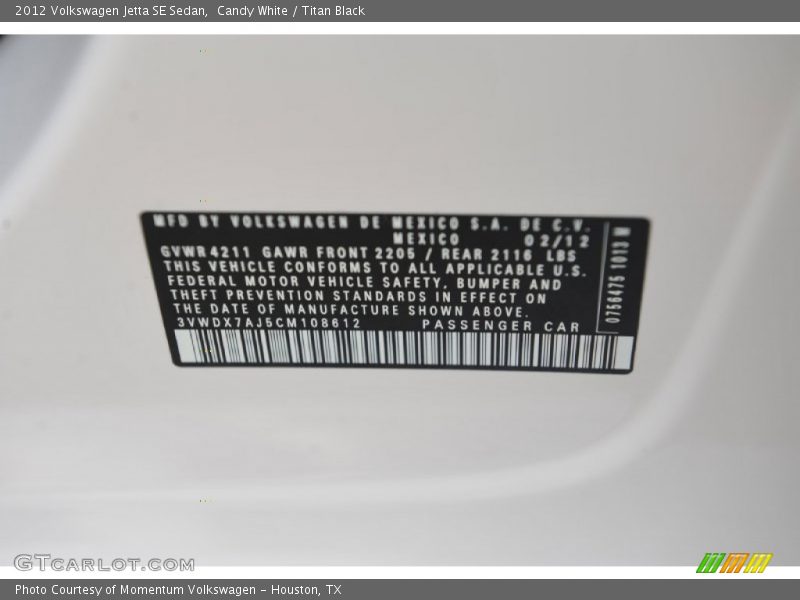 Candy White / Titan Black 2012 Volkswagen Jetta SE Sedan