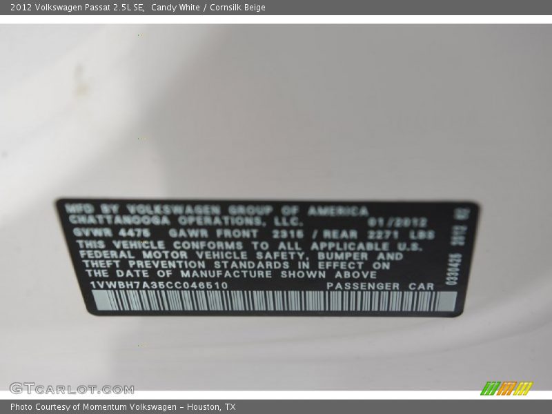 Candy White / Cornsilk Beige 2012 Volkswagen Passat 2.5L SE