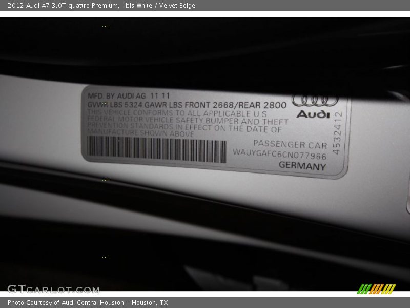 Ibis White / Velvet Beige 2012 Audi A7 3.0T quattro Premium