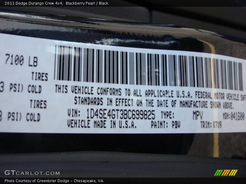 2011 Durango Crew 4x4 Blackberry Pearl Color Code PBV
