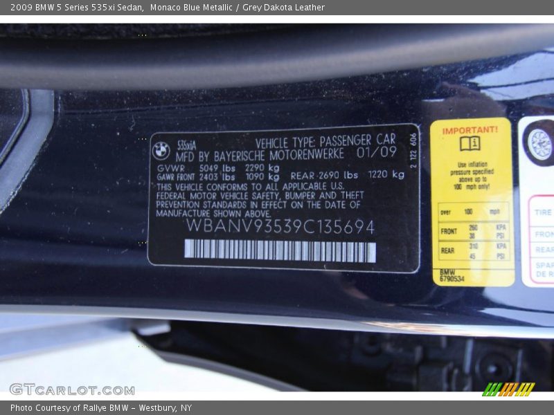 Monaco Blue Metallic / Grey Dakota Leather 2009 BMW 5 Series 535xi Sedan