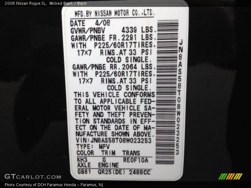 2008 Rogue SL Wicked Black Color Code KH3