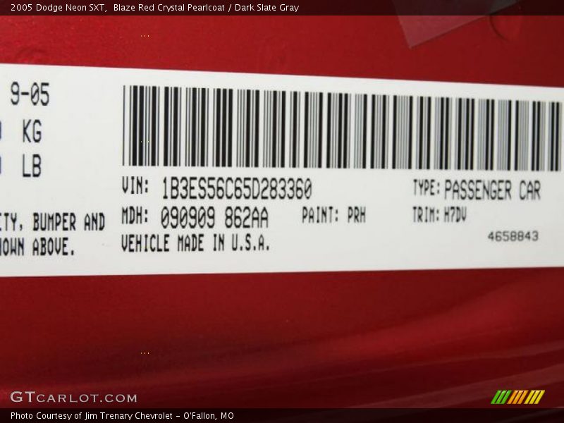 2005 Neon SXT Blaze Red Crystal Pearlcoat Color Code PRH