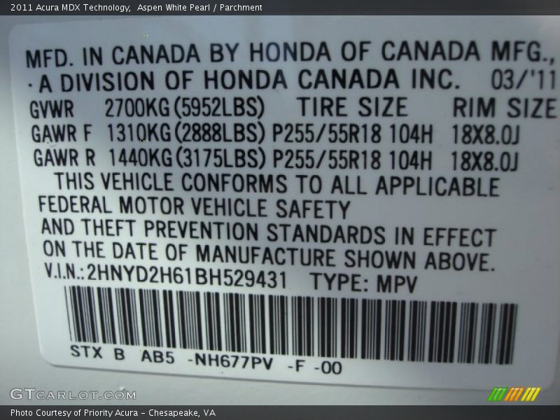 Aspen White Pearl / Parchment 2011 Acura MDX Technology