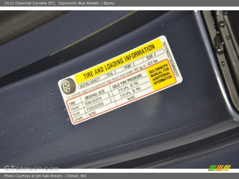 Info Tag of 2012 Corvette ZR1