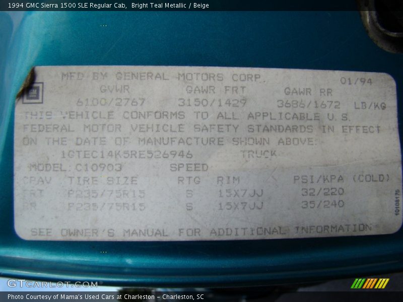 Bright Teal Metallic / Beige 1994 GMC Sierra 1500 SLE Regular Cab