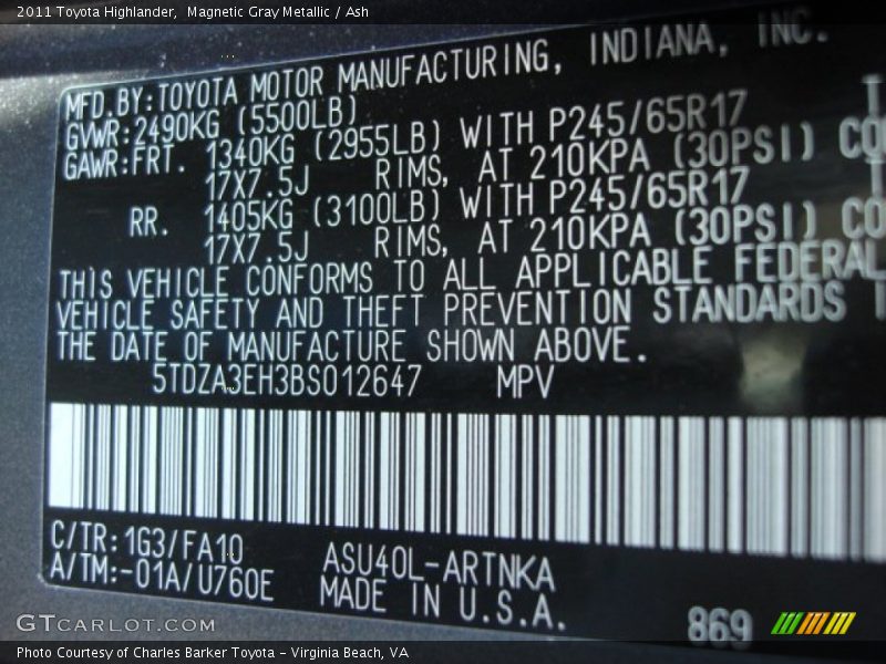 Magnetic Gray Metallic / Ash 2011 Toyota Highlander