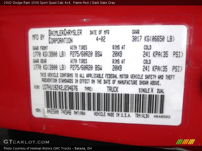 2002 Ram 1500 Sport Quad Cab 4x4 Flame Red Color Code PR4