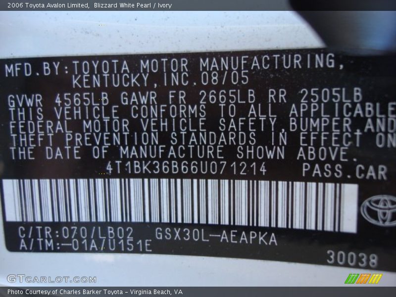 2006 Avalon Limited Blizzard White Pearl Color Code 070