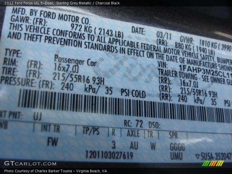 2012 Focus SEL 5-Door Sterling Grey Metallic Color Code UJ