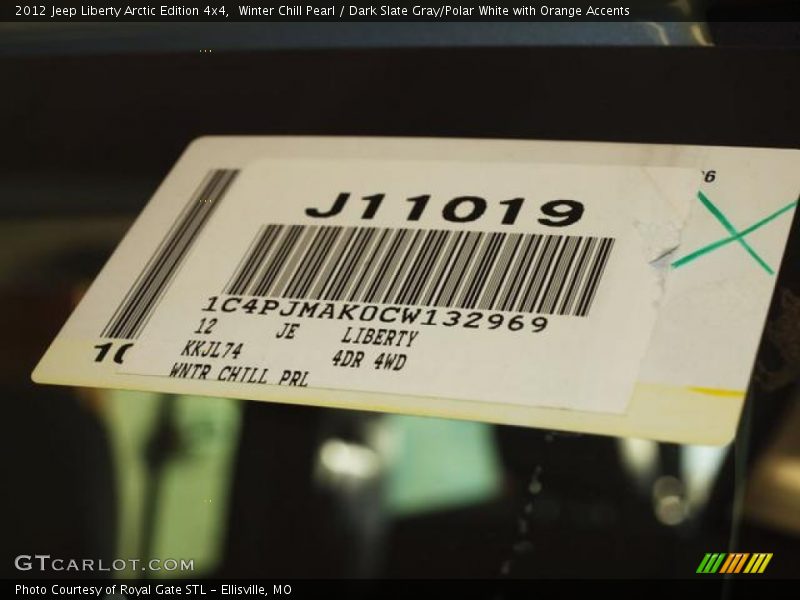 Winter Chill Pearl / Dark Slate Gray/Polar White with Orange Accents 2012 Jeep Liberty Arctic Edition 4x4