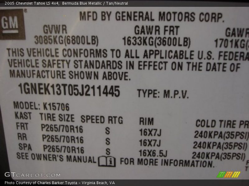 Bermuda Blue Metallic / Tan/Neutral 2005 Chevrolet Tahoe LS 4x4