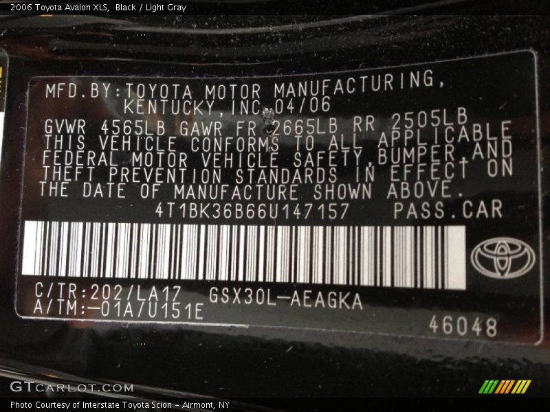 2006 Avalon XLS Black Color Code 202