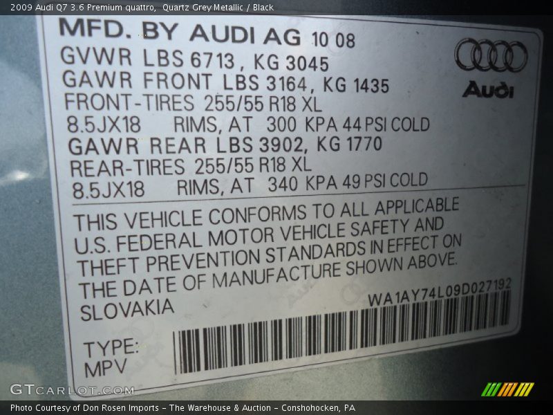 Quartz Grey Metallic / Black 2009 Audi Q7 3.6 Premium quattro