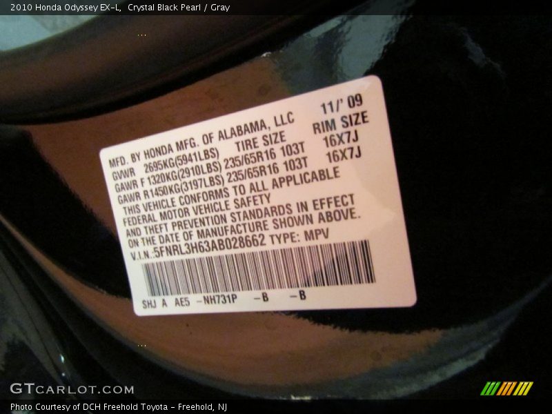 Crystal Black Pearl / Gray 2010 Honda Odyssey EX-L